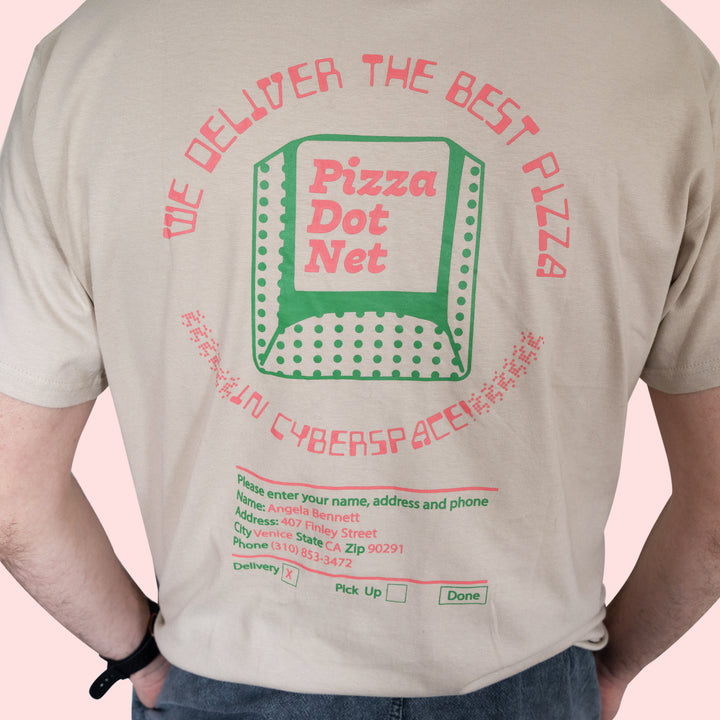 close up of back of Pizza Dot Net T-Shirt inspired by sandra bullocksTHE NET